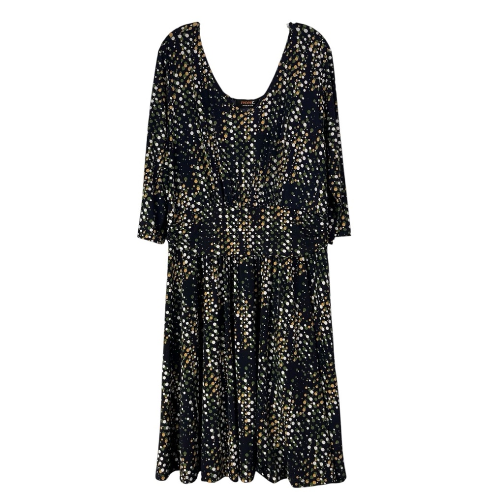 Renee C Dress Women’s 2X Blue Green Polka Dot 3/4 Sleeve V Neck Jersey Knit USA